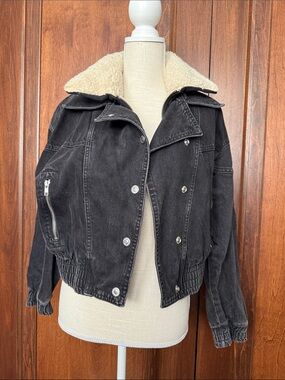 Topshop Black Denim Jacket with Cream Sherpa Collar